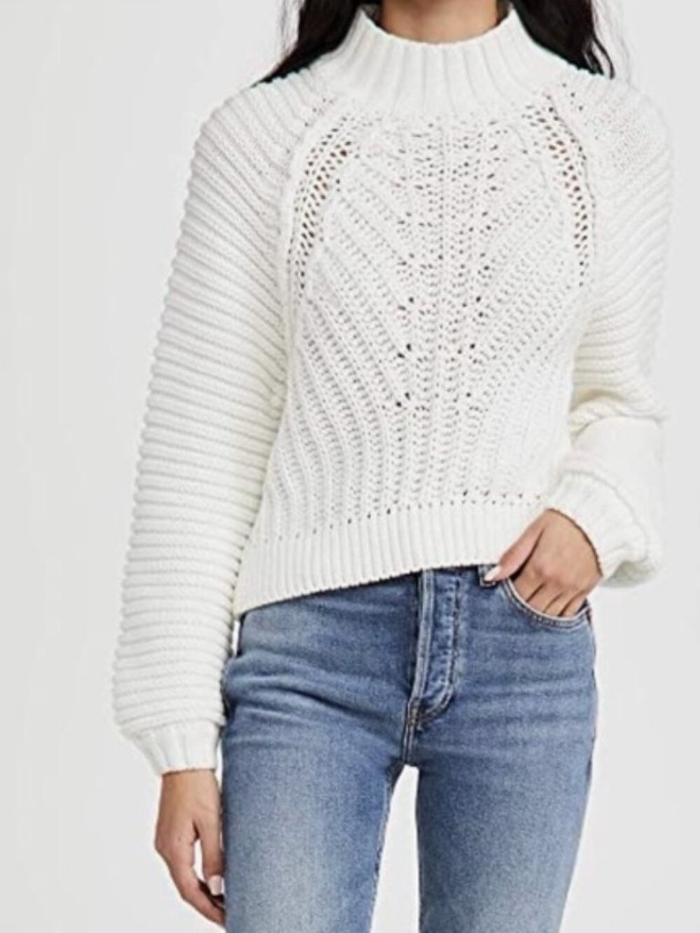 Free People Sweetheart Chunky Knit Mock Neck Sweater White Open Knit Oversized S